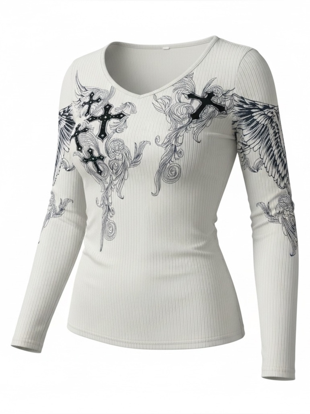 Women's White Long-Sleeve V-Neck Top with Cross & Wing Graphic